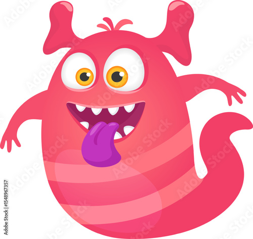Happy smiling pink cartoon monster with big eyes, open mouth, purple tongue, and two antennas, ideal for children s illustrations or fantasy projects