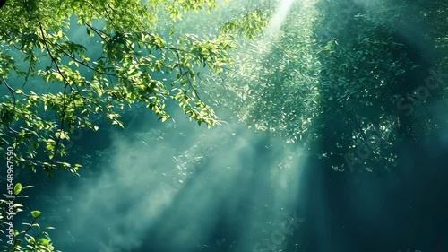 Verdant Forest Sunlight Streams Through Misty Canopy