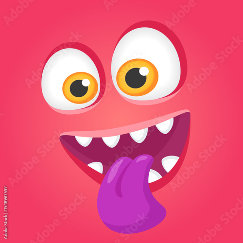 Cartoon illustration featuring a playful pink monster with oversized eyes and sharp teeth, playfully sticking out its vibrant purple tongue against a matching pink background