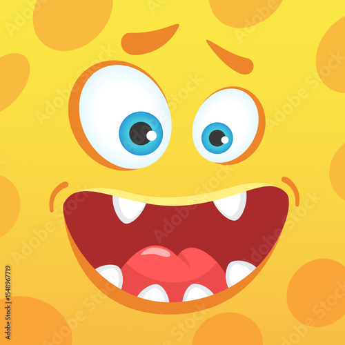 Cartoon illustration featuring a cheerful yellow monster character with googly eyes and a big smile, playfully sticking out its tongue, perfect for Halloween themed designs