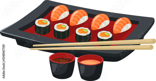 Freshly made sushi pieces and nigiri with salmon are served on a sleek black plate. Accompanied by chopsticks and small bowls containing soy sauce and spicy mayo. Creating an enticing culinary scene