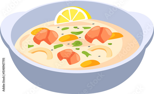 Creamy shrimp soup featuring fresh vegetables, aromatic herbs, and a zesty lemon slice, served in a bowl, creating a comforting and flavorful meal perfect for any occasion