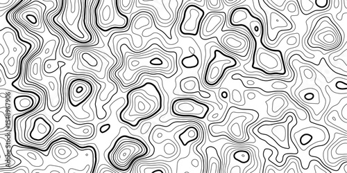 High Contrast Topographic Map in Black and White with Abstract Curved Contour Lines.