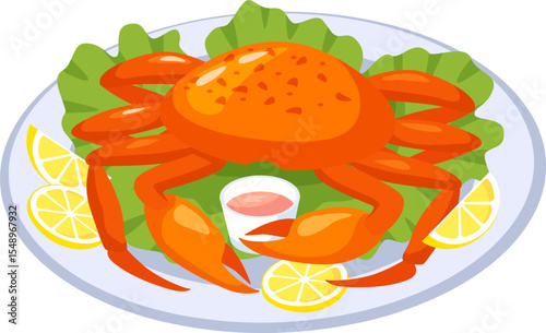 Cooked crab resting on a bed of fresh lettuce, accompanied by vibrant lemon slices and a flavorful sauce on a white plate, creating an inviting seafood dining experience