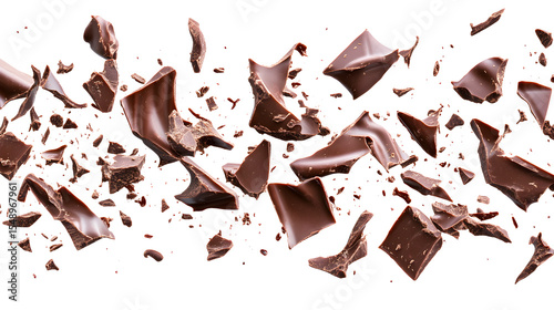 A close up of chocolate pieces flying through the air