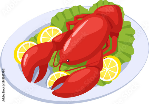 Whole cooked lobster served on white plate with lemon slices and green lettuce, healthy seafood meal rich in protein and omega 3 fatty acids, delicious and nutritious dish