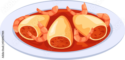 Three pasta shells stuffed with bolognese sauce are placed on a white oval plate, immersed in a vibrant tomato sauce and garnished with fresh shrimps, creating an inviting culinary scene