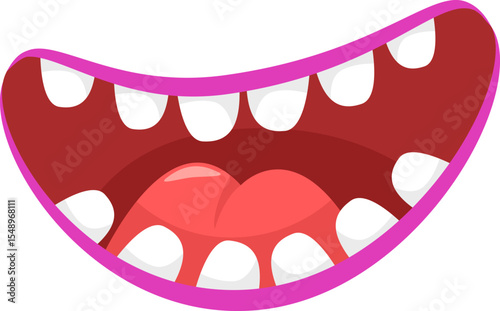 Cartoon mouth with pink lips, white teeth and red tongue, screaming, shouting, surprised or singing, isolated illustration on white background