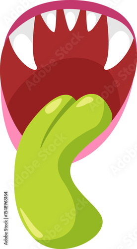 Cartoon illustration featuring a terrifying monster with wide open jaws, revealing a large green tongue and sharp white teeth, perfect for Halloween themed projects and designs