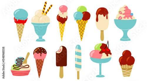 Colorful assortment of ice cream desserts displayed on a white background showcasing various flavors and styles
