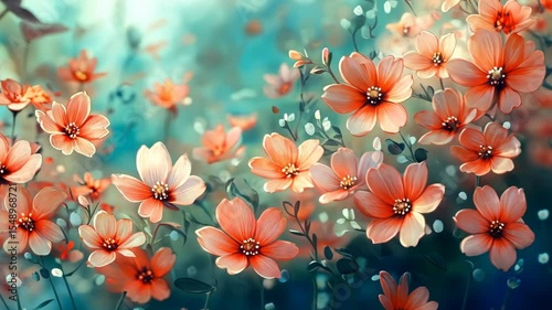 Vibrant coral flowers bloom in a soft, teal garden