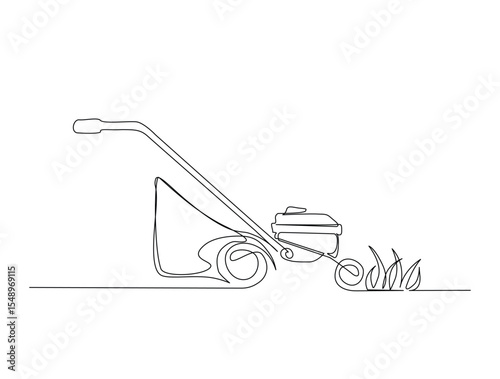 Continuous one line drawing of garden lawn mower. Lawn mower cutting grass outline illustration. Editable vector.