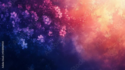 Vibrant floral artwork with dark blue, purple and orange hues
