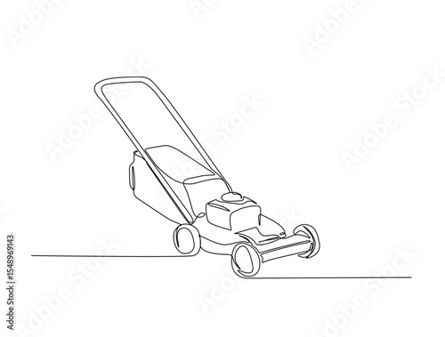 Continuous one line drawing of garden lawn mower. Lawn mower cutting grass outline illustration. Editable vector.