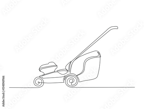 Continuous one line drawing of garden lawn mower. Lawn mower cutting grass outline illustration. Editable vector.