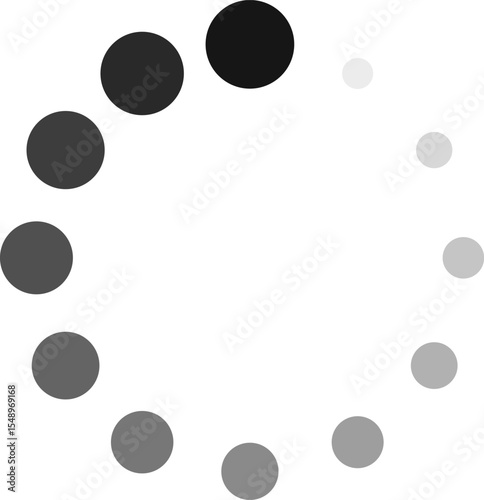 Circular progress indicator with gradually fading circles represents ongoing operation, symbolizing wait time, anticipation, and process completion
