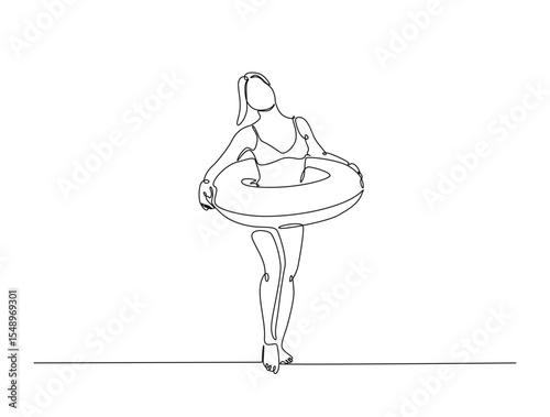 Continuous one line drawing of woman wearing swim ring. Young lady go to swimming wearing swim ring outline illustration. Editable vector.