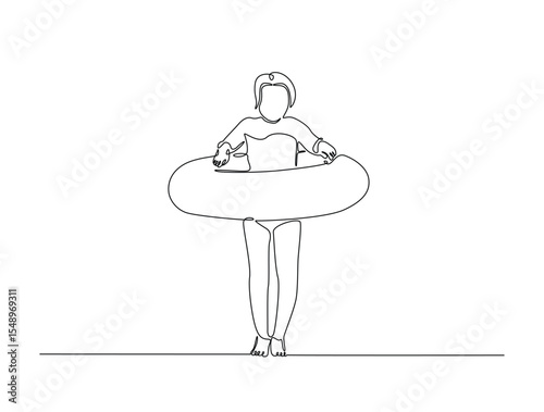 Continuous one line drawing of kid wearing swim ring. happy kid go to swimming outline illustration. Editable vector.