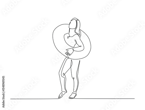 Continuous one line drawing of woman wearing swim ring. Young lady go to swimming wearing swim ring outline illustration. Editable vector.
