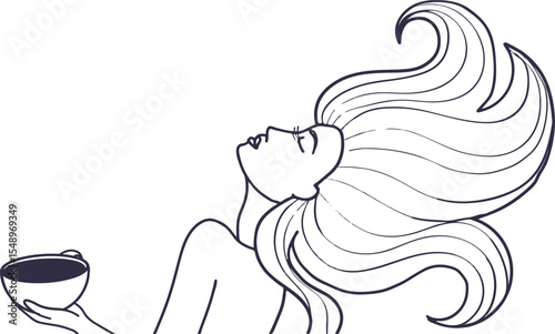 Lovely sexual free woman with the cup of the hot drink. Her back is naked, eyes are closed. The hair are frozen in a wave.