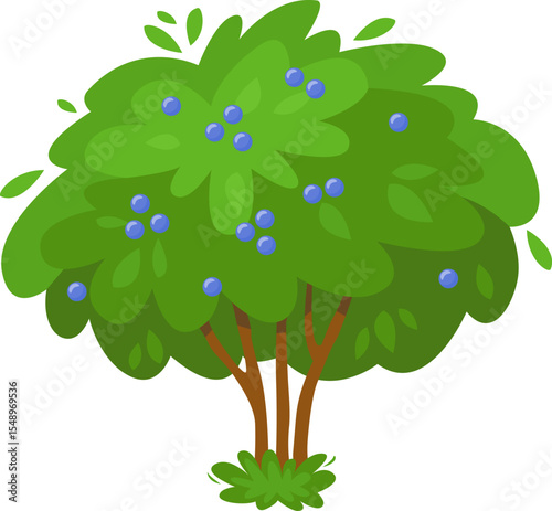 Lush blueberry bush with ripe berries growing in the garden, creating a vibrant and fruitful scene, ideal for representing nature, gardening, or healthy eating concepts