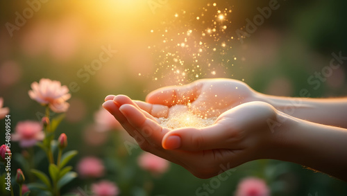 Spirit Guide A open hands receiving stardust amid blooming flowers with light sparkles, radiating warmth, love, and inner peace