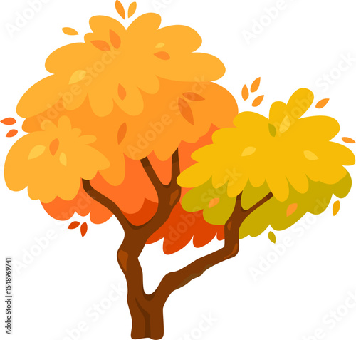 Stylized autumn tree displaying vibrant orange and yellow foliage, gracefully shedding its leaves, capturing the essence of the fall season and the stunning beauty of nature