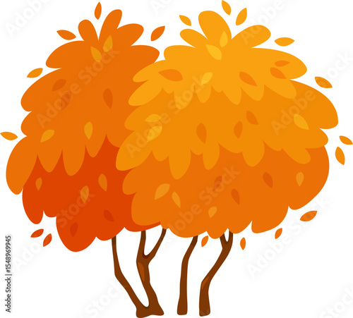 Two stylized trees stand side by side, their full canopies displaying a rich spectrum of orange and reddish hues, creating a warm and inviting autumnal scene