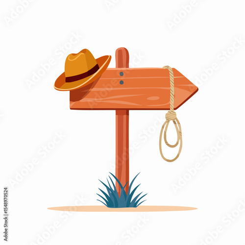 A western-style signpost featuring a cowboy hat and rope, perfect for themed events and rodeo visuals.