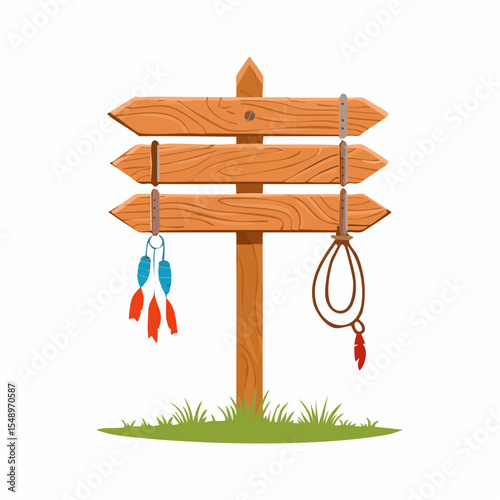 A rustic fence-style signpost with directional arrows and a rope coil, ideal for western scenes.