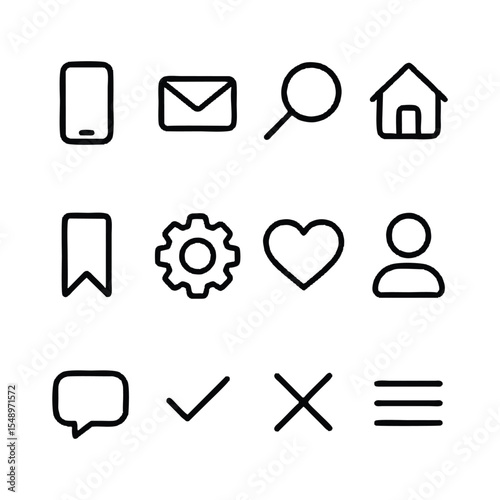 A clean and modern collection of vector icons featuring minimalistic, flat design style. The icon set includes a variety of symbols representing technology, business, communication, and daily life ess