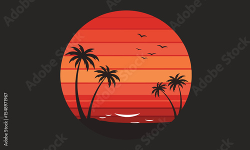 Tropical sunset vector illustration with palm trees and ocean waves in silhouette style. Ideal for t-shirt prints, stickers, travel posters, and summer-themed merchandise