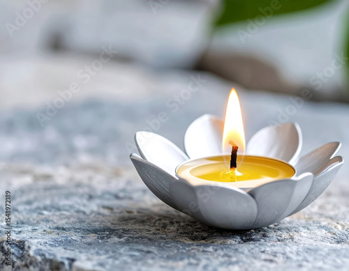 Close-up of polished metal flower-shaped oil candle lamp with flickering flame