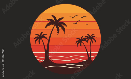 Tropical sunset vector illustration with palm trees and ocean waves in silhouette style. Ideal for t-shirt prints, stickers, travel posters, and summer-themed merchandise