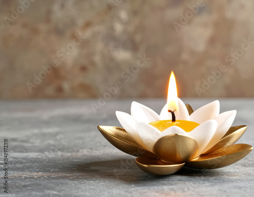 Close-up of polished metal flower-shaped oil candle lamp with flickering flame