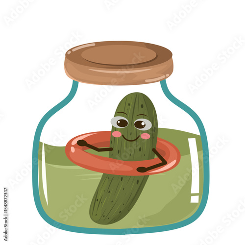 vector illustration of a pickle cartoon character swimming in a glass jar using a round red float