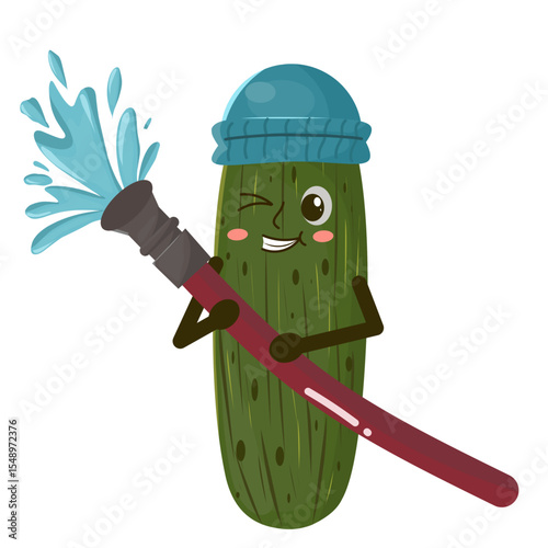 illustration of a cute pickle wearing a headgear and holding a hose that emits water