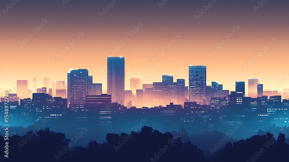 Fototapeta premium Skyline cityscape illustration at dusk with modern buildings, glowing windows and trees