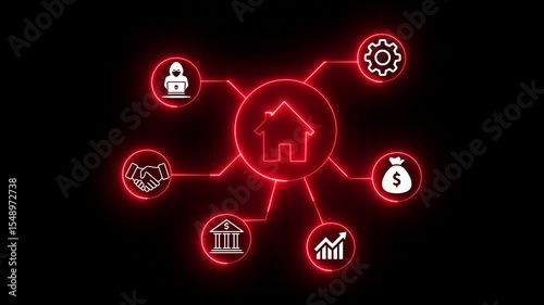 Futuristic Smart Home Neon Icon -
Global Business Team Collaborating with Virtual Interface in Office - Al Assistant, Rapid Data Exchange, and
Diverse International Community
Concept