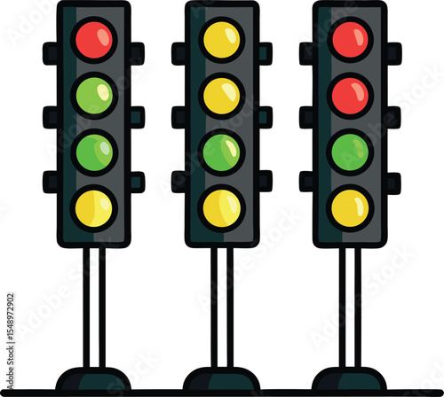 Three Cartoon Traffic Lights Showing Different Signals Simple illustration three traffic lights each displaying different signal red yellow and green The lights