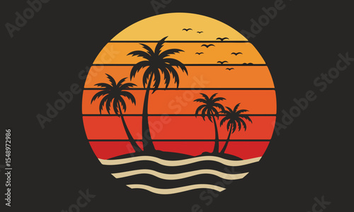 Tropical sunset vector illustration with palm trees and ocean waves in silhouette style. Ideal for t-shirt prints, stickers, travel posters, and summer-themed merchandise
