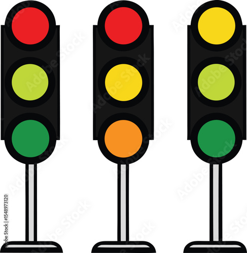 Three Traffic Lights Showing Red Yellow and Green Signals Simple illustration three traffic lights each displaying different signal color The lights are