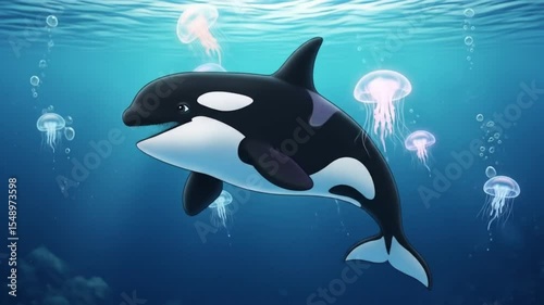Majestic Orca Whale Swimming Amidst Bioluminescent Jellyfish