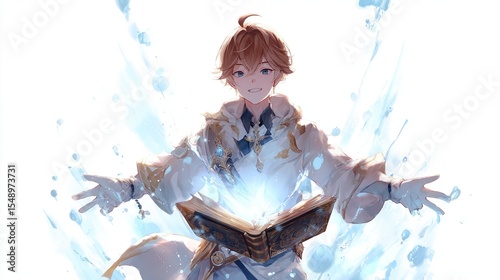 A smiling, light-haired youth in ornate white robes holds an open book emitting bright, blue, water-like energy, surrounded by splashes of the same