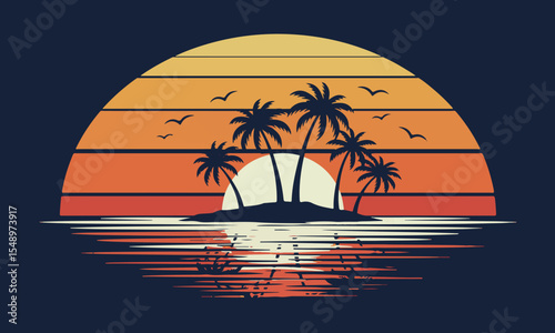 Tropical sunset vector illustration with palm trees and ocean waves in silhouette style. Ideal for t-shirt prints, stickers, travel posters, and summer-themed merchandise