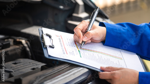 Obraz na płótnie Action of a repairman is checking on multi-point checklist form during perform service the car parts