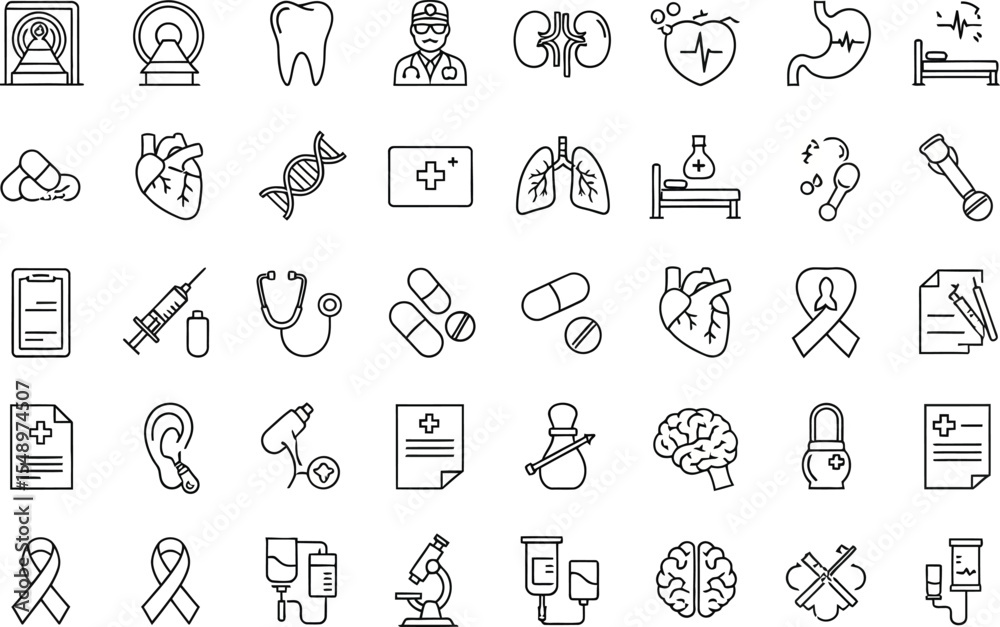medical and healthcare line icon set – 40 vector symbols including heart, lungs, pills, microscope, syringe, and doctor medical and healthcare line icon set – 40 vector symbols including heart, lungs, pills, microscope, syringe, and doctor