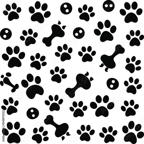 Black and White Dog Paw Print and Bone Pattern repeating pattern black dog paw prints bones white background Perfect for pet themed designs