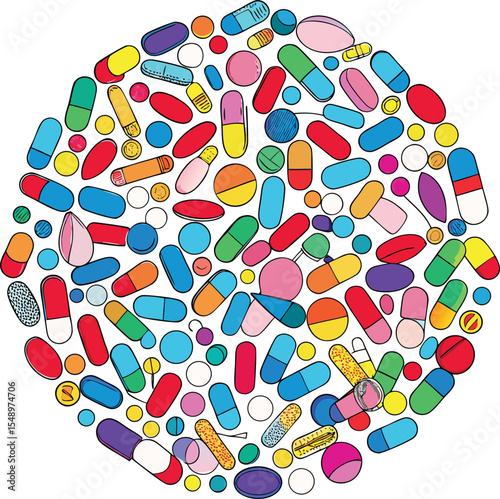 Colorful Cartoon Illustration of Various Medications and Pills vibrant circular design showcasing multitude colorful pills capsules The image stylized with bold outlines
