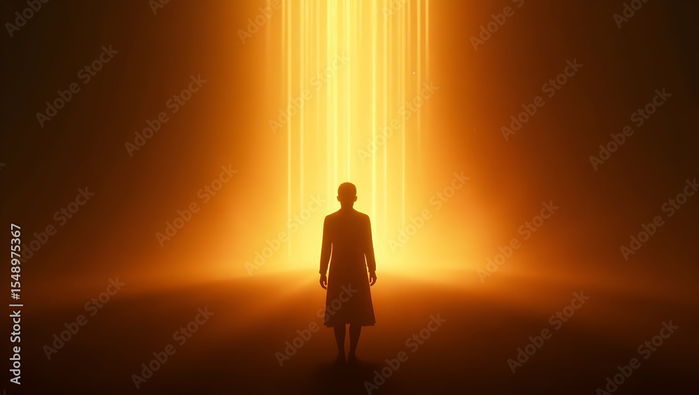 Fototapeta premium Spirit Guide Silhouette with inner light bursting out against a void filled only with warmth, with radiant streams of light flowing outward, representing 